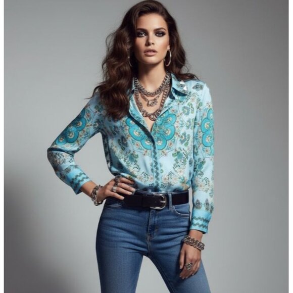 NWT Rachel Zoe Blue Floral Button Front Long Sleeve Blouse Women's Size Medium - Picture 1 of 12